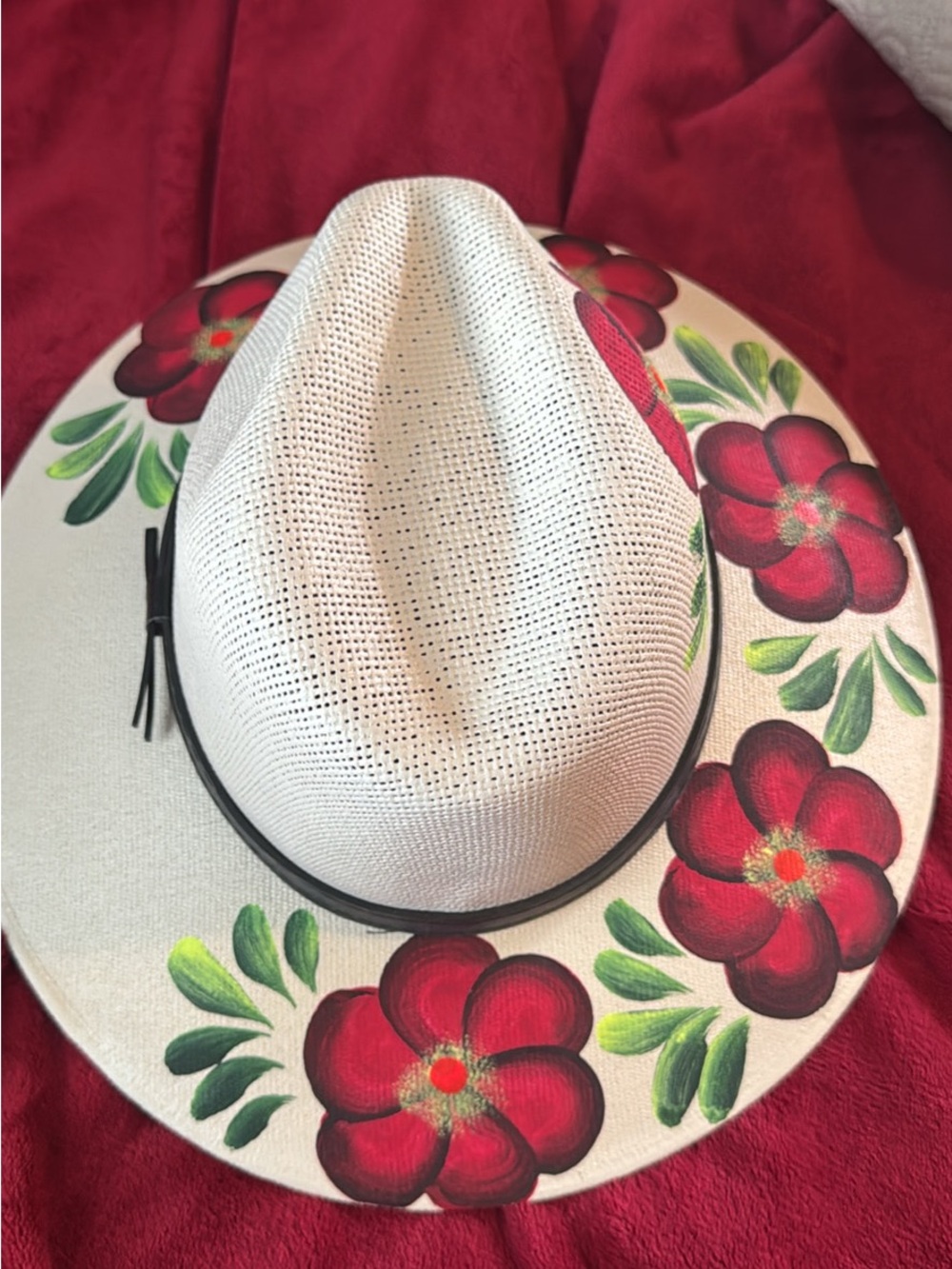 MEXICANA White Straw Hat with Red Hand-Painted Floral Design